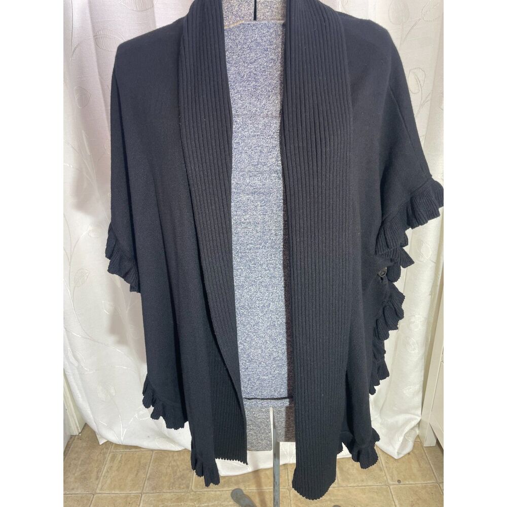 Joseph A Black Ruffle Trim Open Front Knit Cardigan Sweater